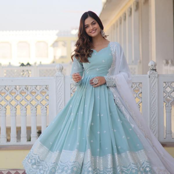 Designer Ready-Made Sky Blue Gown with Dupatta