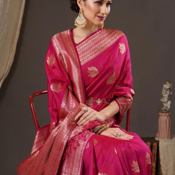 Embellished Self-Designed Kanjivaram Silk Saree in Dark Pink