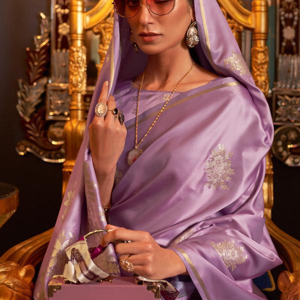 Lilac Purple Designer Satin Silk Saree