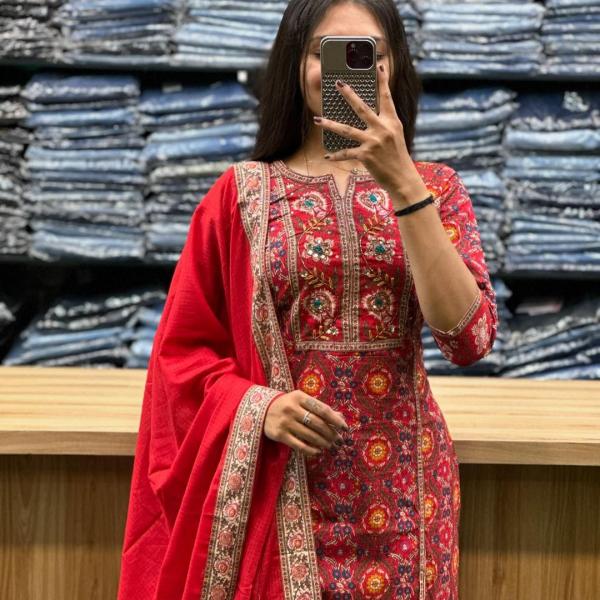 Voluminous Straight Suit Set in Red Rani